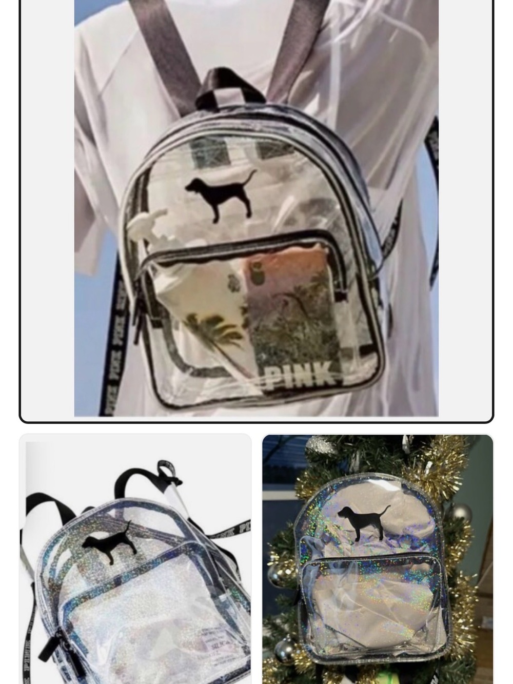 PINK Victoria's Secret Clear Holographic Mini Backpack - Black Logo